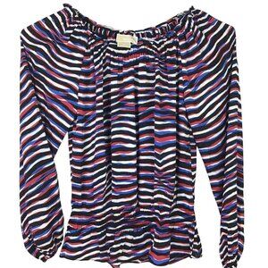 Michael Kors Womens S Striped Long Sleeve Blouse Elastic Scoop Neck Off Shoulder